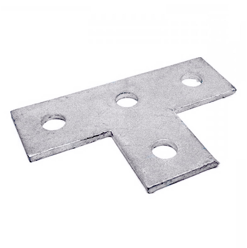 4-Loch-Eckplatten-T-Stück aus verzinktem Stahl mit (4) 9/16-Zoll-Lochbefestigungen aus Stahl, die eine lange Haltbarkeit und Festigkeit bieten.Die Platte misst 3-1/2 Zoll x 5-3/8 Zoll x 1/4 Zoll